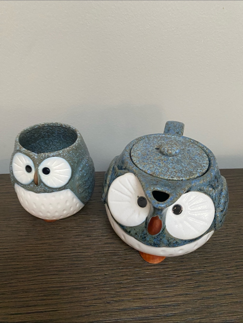 Blue Ceramic Owl Tea Set - Decorative Teapot and Cup